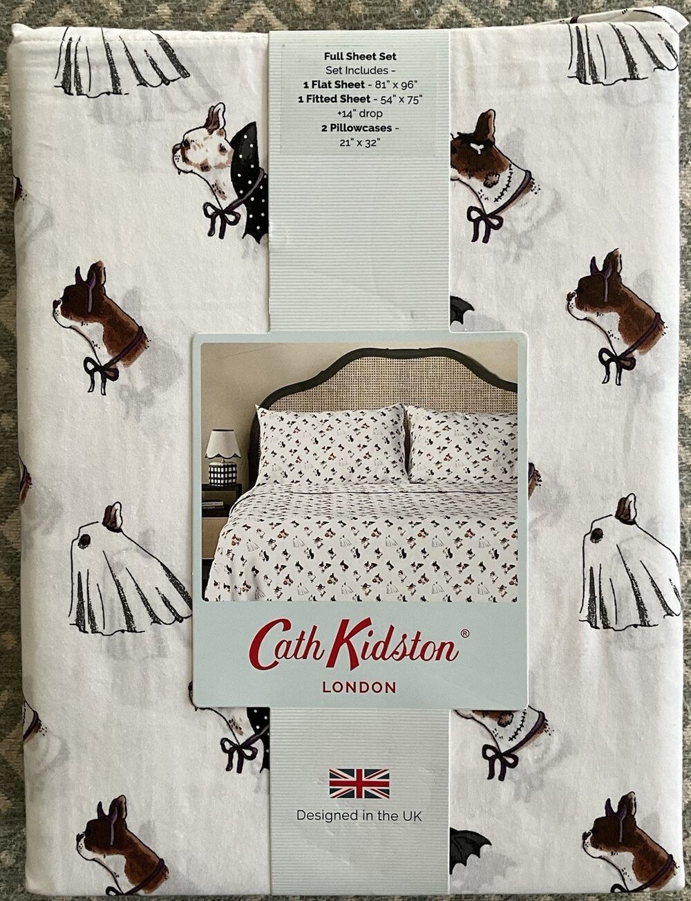 NEW Cath Kidston SPOOKY DOGS Full 4 Pc Cotton Sheet Set Halloween Costumes White